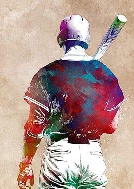 Watercolor Baseball Player Back View