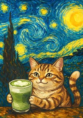 Cat with Matcha in Starry Night