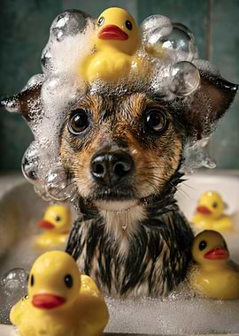 Dog Bath Time with Rubber Ducks
