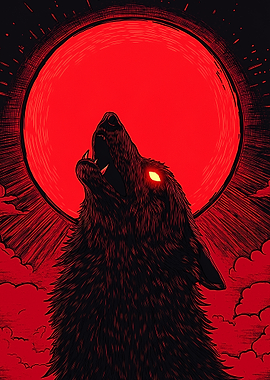Howling Wolf Red Moon Illustration