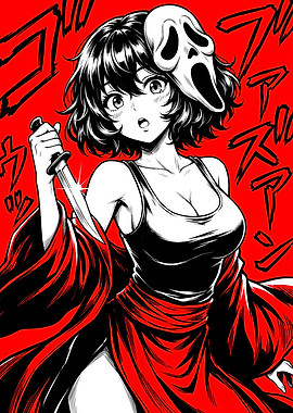 Anime Girl with Scream Mask and Knife