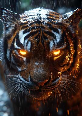 Glowing-Eyed Tiger in the Rain