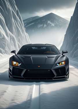 Sleek Car in Snowy Mountain Pass