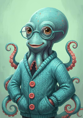 Cartoon Octopus with Glasses and Cardigan