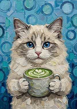 Cat with Matcha Latte Painting