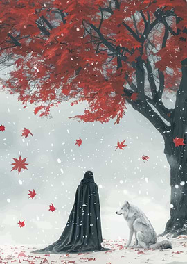 Winter Cloak and Wolf under Red Tree