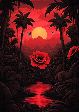 Red Tropical Landscape with Flowers