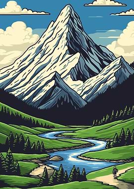 Mountain Landscape with River and Hiker