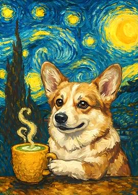 Cute Corgi in Starry Night Style