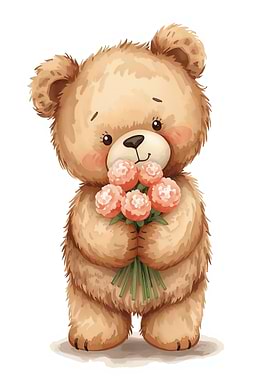 Cute Teddy Bear with Pink Flowers