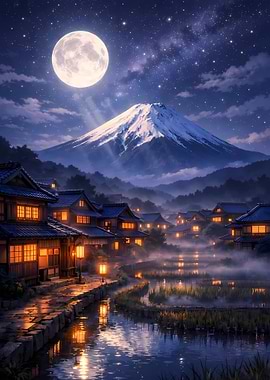 Japanese Village Under Moonlight