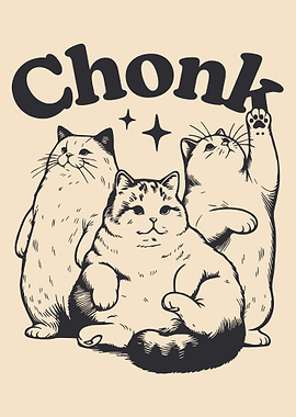 Chonk Cat Poster, Funny Chubby Cats Wall Art, Vintage Cat Illustration Print