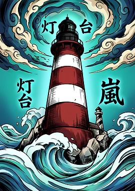 Lighthouse on Rocks with Ocean Waves