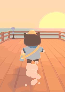 Cat on a pier at sunset