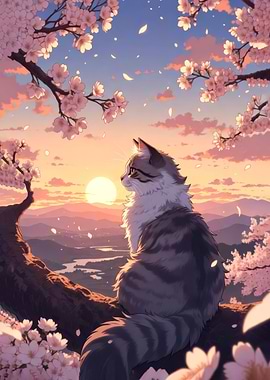 Serene Sakura Sunset Cat