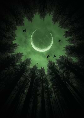 Crescent Moon Over Forest Canopy