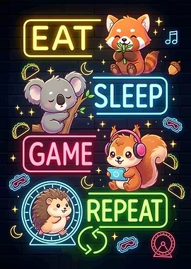 Eat Sleep Game Repeat Animals Neon