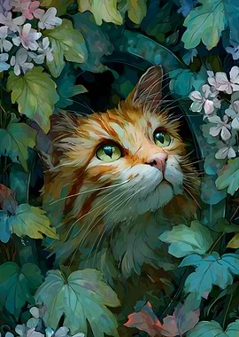 Ginger Cat Surrounded by Foliage