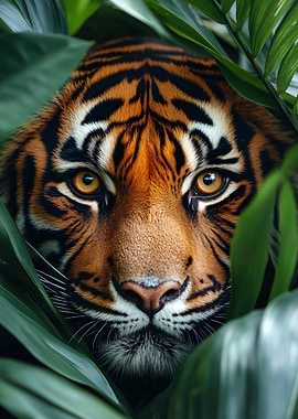Tiger portrait in lush foliage