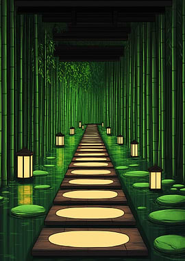 Bamboo Forest Path with Lanterns