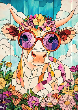 Stained Glass Cow Girl with Flowers