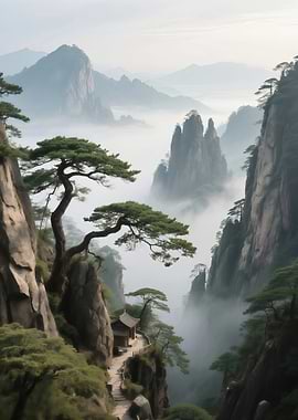 Misty Mountain Landscape with Asian Temple