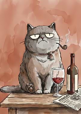 Grumpy Cat with Wine and Pipe