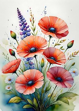 Watercolor Floral Bouquet with Poppies