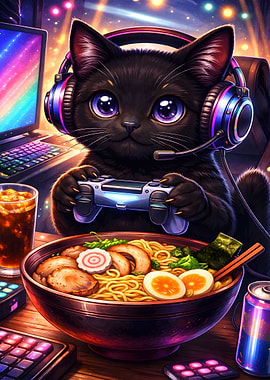 Gamer Cat with Ramen Glow