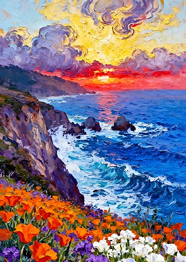 Coastal Sunset Painting with Wildflowers