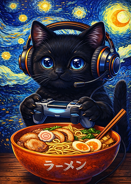 Gamer Cat with Ramen in Starry Night
