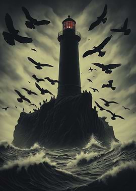 Lighthouse, Birds, and Stormy Sea