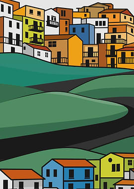 Colorful Village on Rolling Hills Design Art