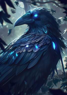 Dark Wood Collection: Mystical Raven with Glowing Eyes