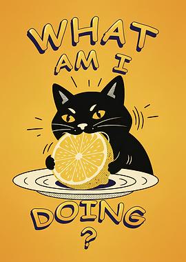 Cat eating lemon illustration