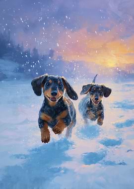Dachshunds playing in the snow
