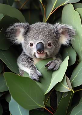 Cute Koala in Eucalyptus Leaves