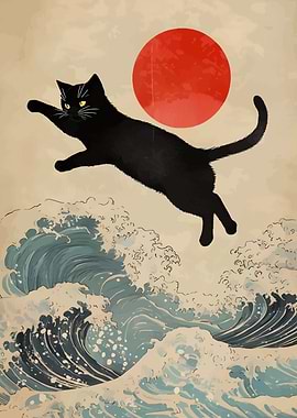 Black Cat Surfing Japanese Wave Art