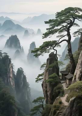 Misty Mountain Landscape with Temple