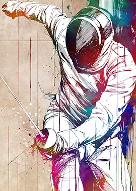 Fencer in Action Watercolor Art
