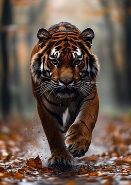 Tiger Walking Through Autumn Leaves
