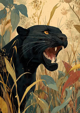 Roaring Black Panther in Tall Grass