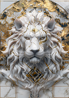 Marble Lion with Golden Accents