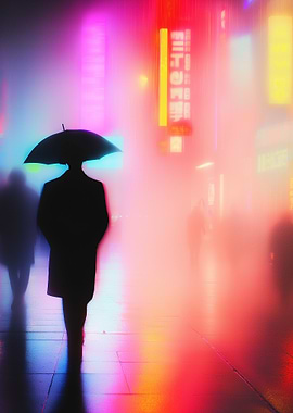Neon Cityscape with Silhouetted Figure