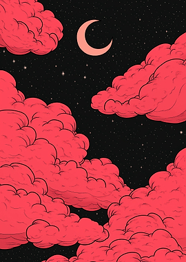 Red Clouds and Crescent Moon