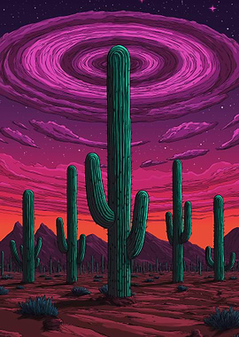 Cactus Landscape with Swirling Sky