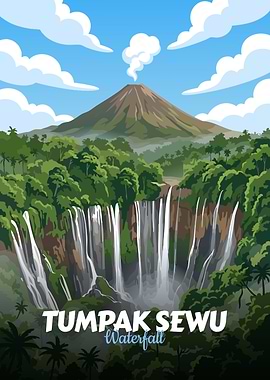 Tumpak Sewu Waterfall Landscape Illustration