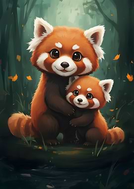 Cute Red Panda Mother and Cub