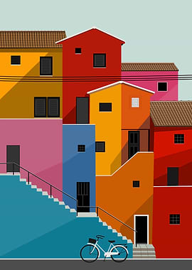 Colorful Houses with Bicycle Illustration Design Art