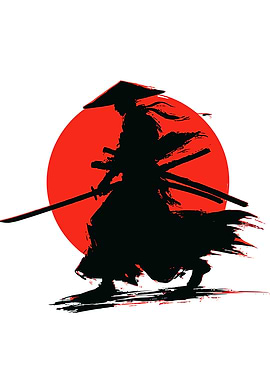Samurai Silhouette with Red Sun